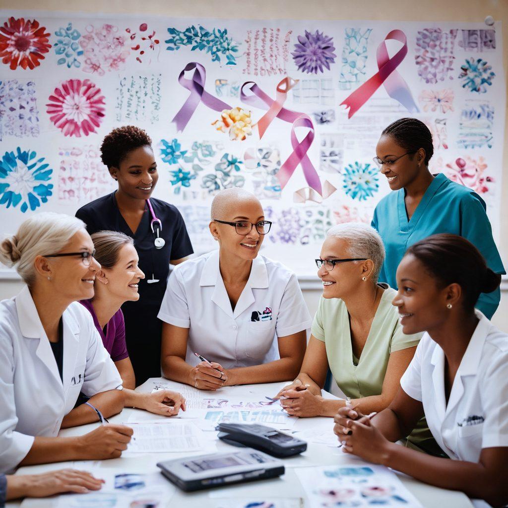 A vibrant and uplifting scene showcasing a diverse group of cancer patients engaged in a support group session, surrounded by images of advanced medical technology, research papers, and hopeful symbols like ribbons and flowers. Emphasize a feeling of empowerment and hope, with soft lighting that conveys warmth. Include elements like DNA strands and microscopes in the background to highlight the scientific aspect. super-realistic. vibrant colors. uplifting atmosphere.