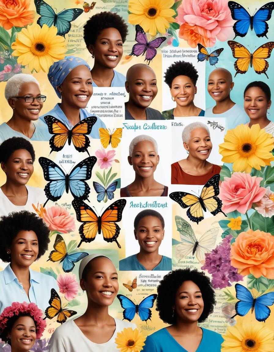 A collage of diverse cancer survivors sharing their triumphs, with expressions of hope and resilience. Include symbolic elements like blooming flowers and butterflies to signify growth and transformation. Surround them with soft, golden light to evoke warmth and inspiration. Background filled with uplifting words and phrases about strength and courage. super-realistic. vibrant colors.
